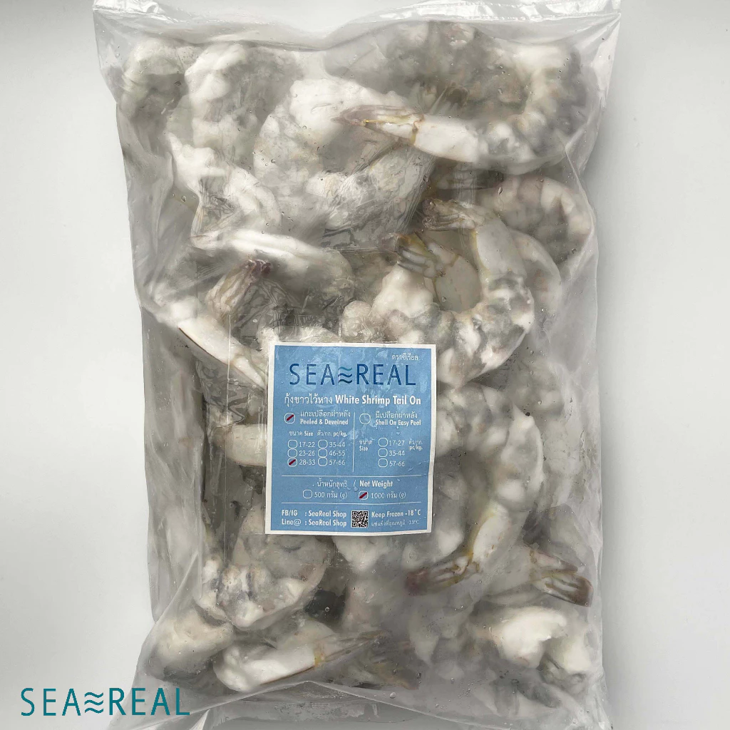 Seareal กุ้งขาวสดแช่แข็งแกะเปลือกผ่าหลังไว้หาง น้ำหนักกุ้ง100% Frozen Raw Shrimp PDTO Net weight100%