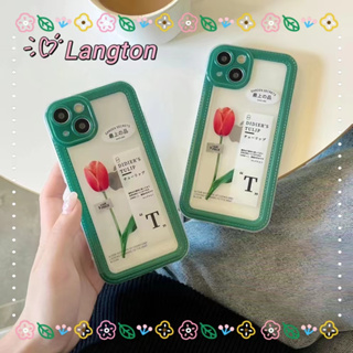 🌈Langton🌸ป้องกันการหล่น ขอบเต็ม iphone 11 14 pro max เคสใส ดอกทิวลิป ดอกไม้ เล็กและสด ขอบสีเขียว case for iPhone 12 13