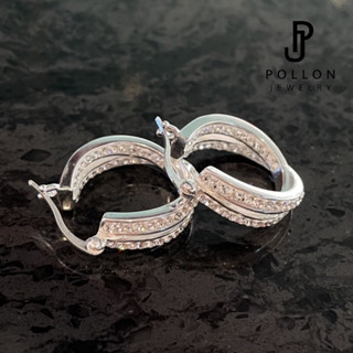 POLLON ต่างหูสำหรับผิวแพ้ง่าย ต่างหูห่วงฝังเพชรรอบวง สีเงิน สแตนเลส 94.8% Swarovski  แท้