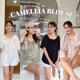 ( 𝟗.𝟗 BP100PAY ลด 25% ) 𝗖𝗔𝗠𝗘𝗟𝗟𝗜𝗔 𝗕𝗟𝗢𝗨𝗦𝗘 เสื้อแขนพองบอลลูน ทรงโอเวอร์ไซส์ เนื้อผ้าฝ้ายผสมบางเบา รุ่นนี้มีเชือกผูกโบว์