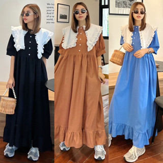 Yunaka เดรสชายระบาย คอกลม แขนตุ๊กตา อก 48” Korea Style Oversize Dress เอว 48”