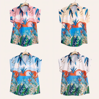 เสื้อคอปก เเขนสั้น ลายทะเล ผ้าไหมอิตาลี ไม่ต้องรีด อก 42”