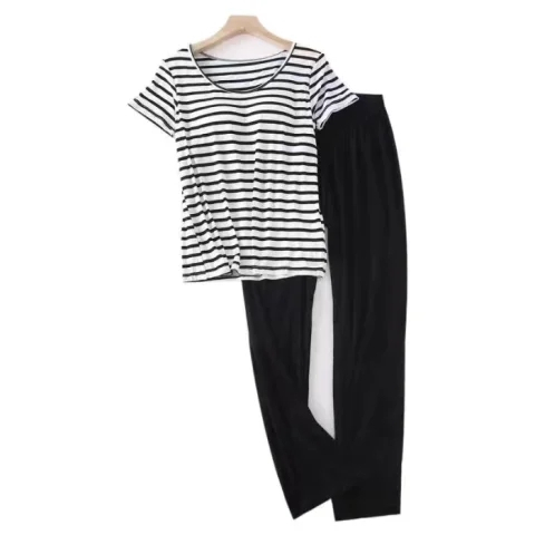 🔥🧽ชุดนอนแผ่นรองหน้าอก， ชุดนอนลายขวาง， ผ้าฝ้ายที่ใส่สบาย， ความสะดวกสบายในการสวมใส่， 4 สี，M-2XL - รูปที่ 2