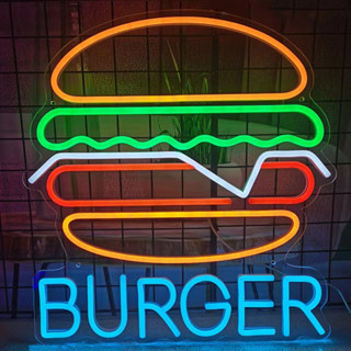 ป้ายไฟ LED ป้ายไฟ รูปแฮมเบอร์เกอร์ BURGER ป้ายไฟร้าน ขนาด 37 X 32 cm