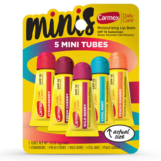 Carmex Daily Care Minis Moisturizing Lip Balm Tubes with SPF15, Strawberry,Cool Mint,Wild Berry,Peach Mango,Fresh Cherry