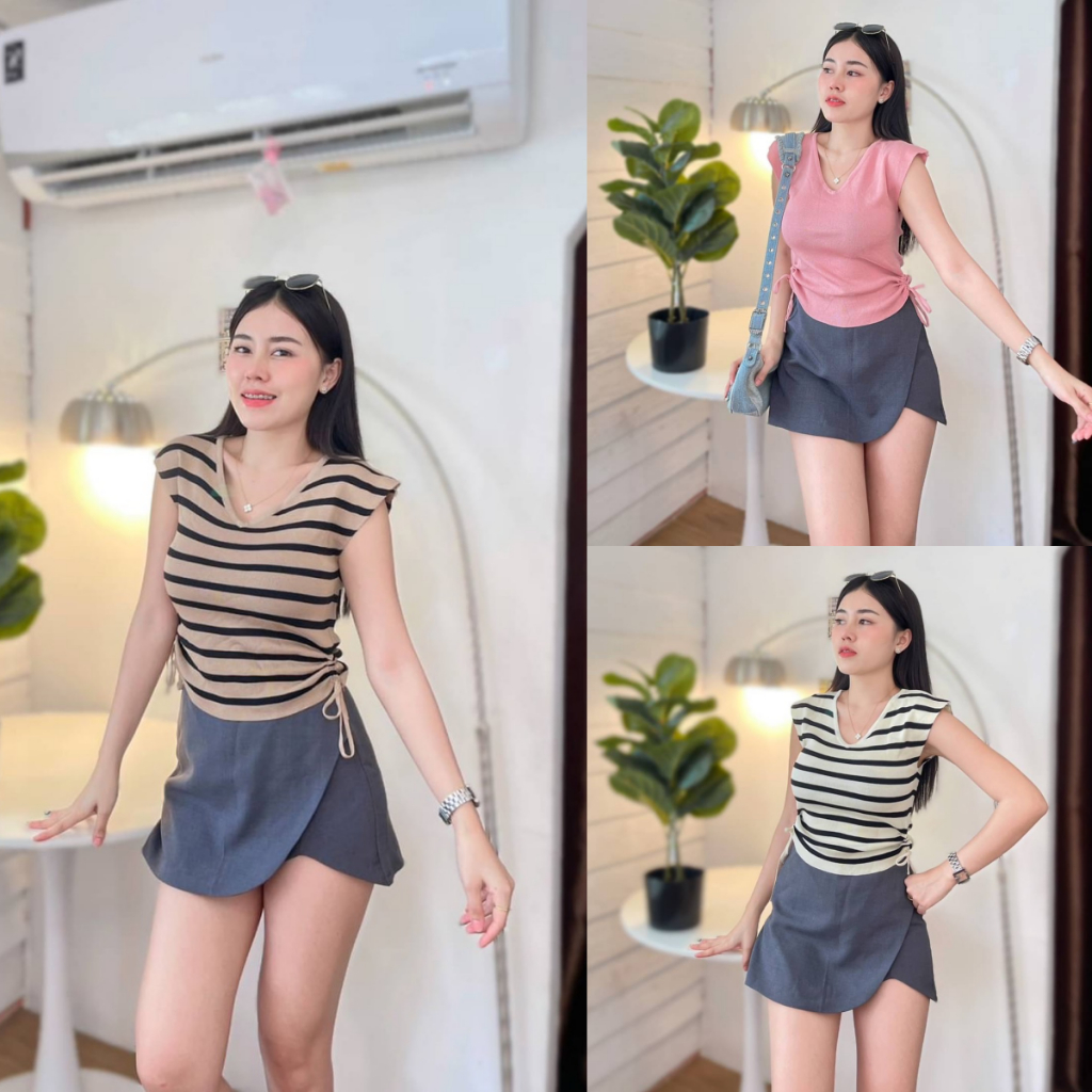 SpinnyHouse เสื้อคอวี ทรงแขนกุด ผ้าไหมพรม ยืดตามตัว แต่งเชือกรูดข้าง รุ่น วีรูด B-030-1-B
