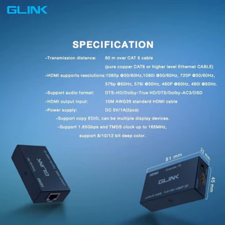 GLINK (GL032) HDMI Extender Ethernet RJ45 to 60M อุปกรณ์ต่อขยายสัญญาณภาพและเสียงด้วยสายแลน ปก. 2ปี ใช้กับสาย pure copper