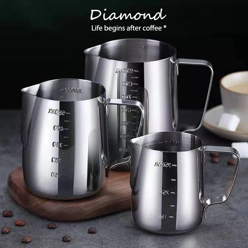 เหยือกตีฟองนม ถ้วยตีฟองนม สแตนเลส304 Milk Pitcher แก้วพิชเชอร์ แก้วตีฟองนม Latte Art สีเงิน 350/600ML มีสเกลวัด