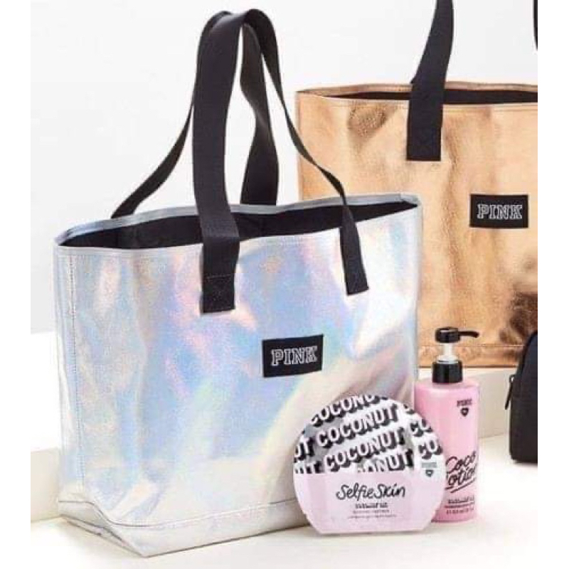 🚛สินค้าพร้อมส่ง🚛Victoria's Secret PINK Shiny Silver Cosmetic Travel Tote Bag #แท้