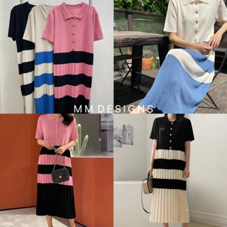 🌈🌿🌸🌺🌼💙🤎💖🇰🇷Knit Polo Stripe Pleat Maxi Dress