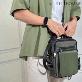 ELLE HOMME | กระเป๋าสะพายไนลอน แต่งด้วยหนัง PU สไตล์ Casual มีช่องซิปใหญ่และช่องเก็บของด้านหลัง มี 2 สี | (W8H004)