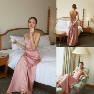 ชมพู/ครีม/ดำ SLYQ MADE 🍾 MATISSE HALTER SATIN MAXI DRESS เดรสยาวผ้าซาตินแต่งสายยาวพันเอว ครีม ชมพู ดำ