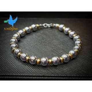 สร้อยข้อมือหินแท้ หินเฮมาไทต์ (Hematite) ไซต์ 6 mm. ลาย 2 กษัตริย์ เงิน+ทอง