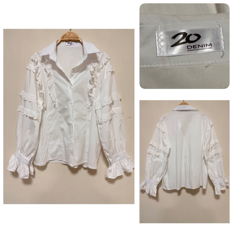 ส่งต่อ เสื้อเชิ้ต 20denim สีขาวแต่งลูกไม้ ฟรีไซส์ อก 46“ (shop 550฿)