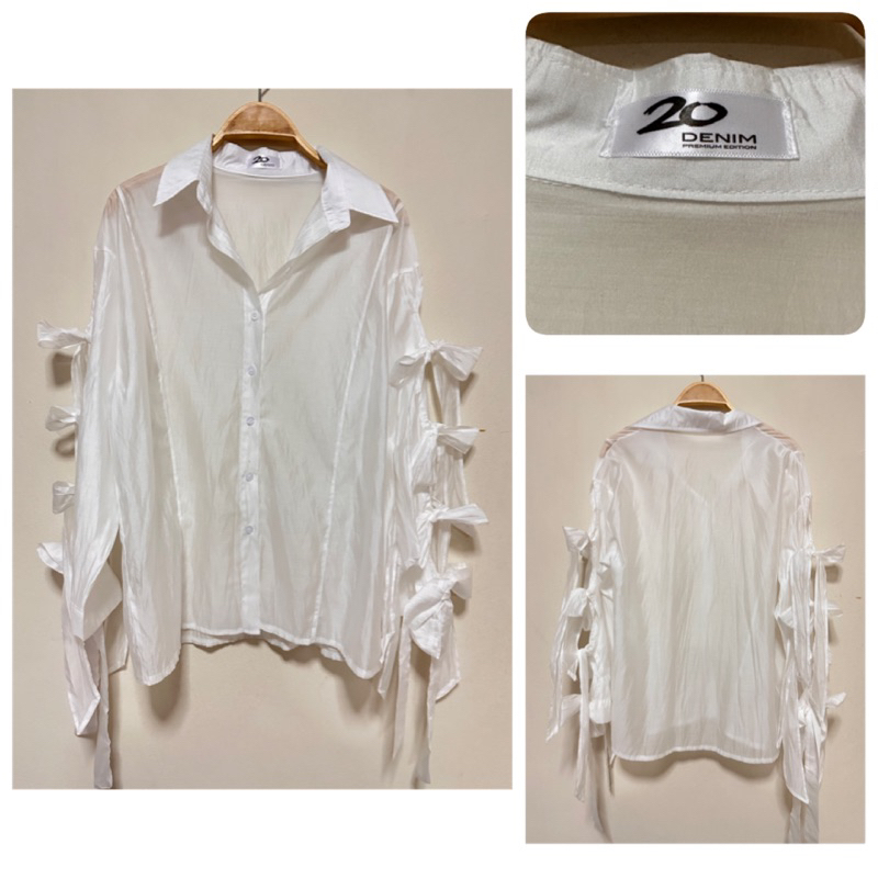 ส่งต่อ เสื้อเชิ้ตแต่งแขนโบว์ 20denim ฟรีไซส์ สีขาว (shop 650฿)
