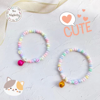 No.1 สร้อยคอสัตว์เลี้ยงสีหวาน แต่งลูกปัดหน้ายิ้ม แถมกระดิ่ง น่ารักมากสำหรับลูกแมว/กระรอก/ชูก้า/กระต่าย ปลอกคอแมว