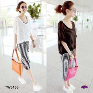 CS6166 เดรสลายริวแขนกุด + เสื้อคลุมชีฟอง Sleeveless striped dress + chiffon coat