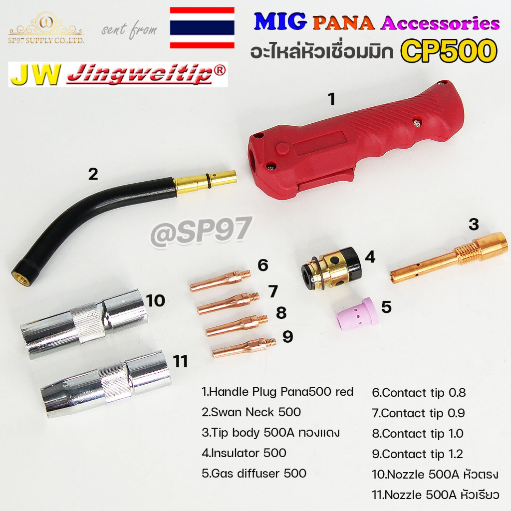 JW อะไหล่ หัวเชื่อมมิก PANA ( MIG ) CP500  Swanneck / Tip body / Nozzle /Contact tip (ราคา1อัน)