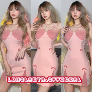 Barbie dress เดรสสายเดี่ยวสีชมพู แต่งโบว์ผูกที่ไหล่ ดีเทลหัวใจ&amp;โบว์ msmade