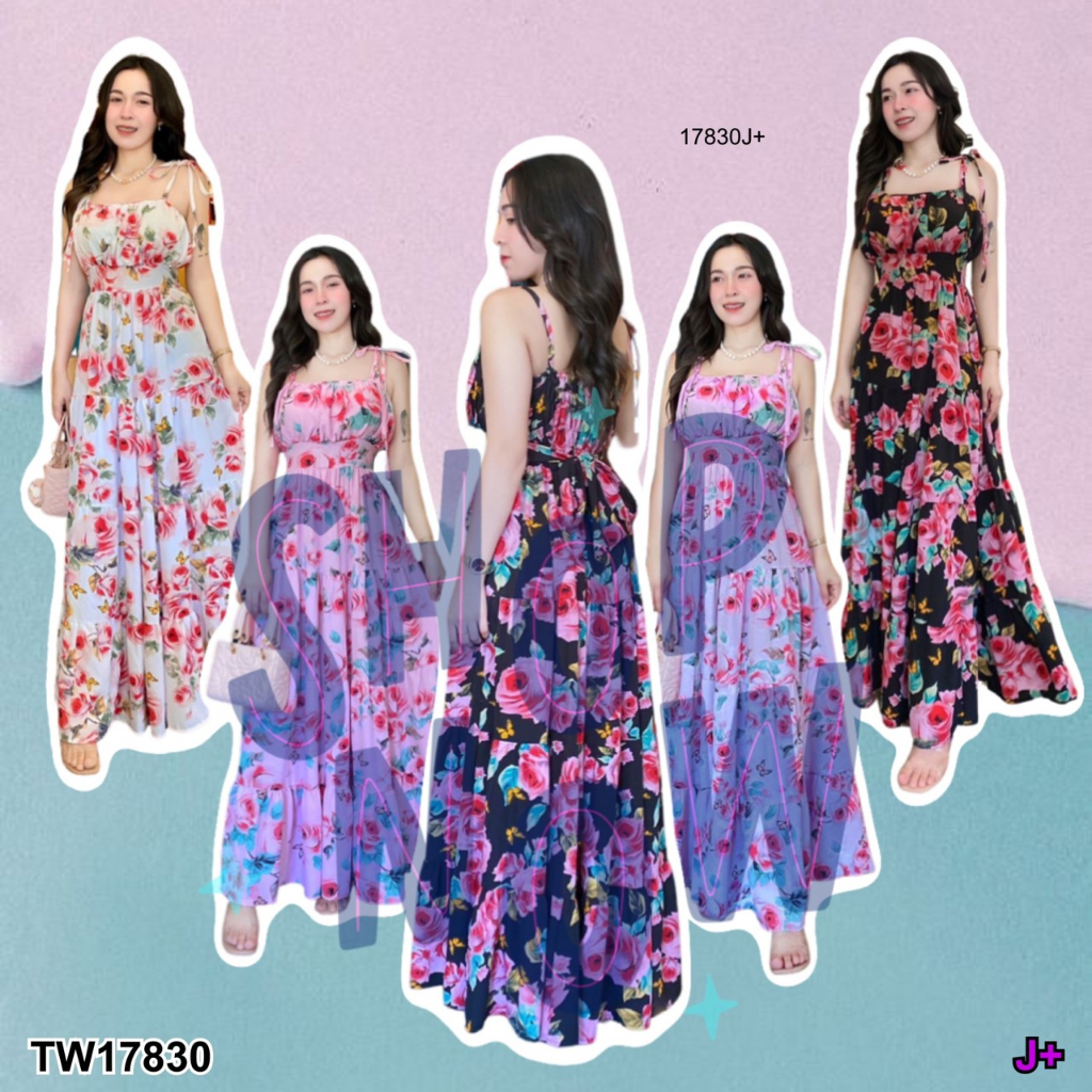 TwinsShopVip พร้อมส่ง TW17830 เดรสสายเดี่ยวผูกไหล่ลายดอกไม้ ..
