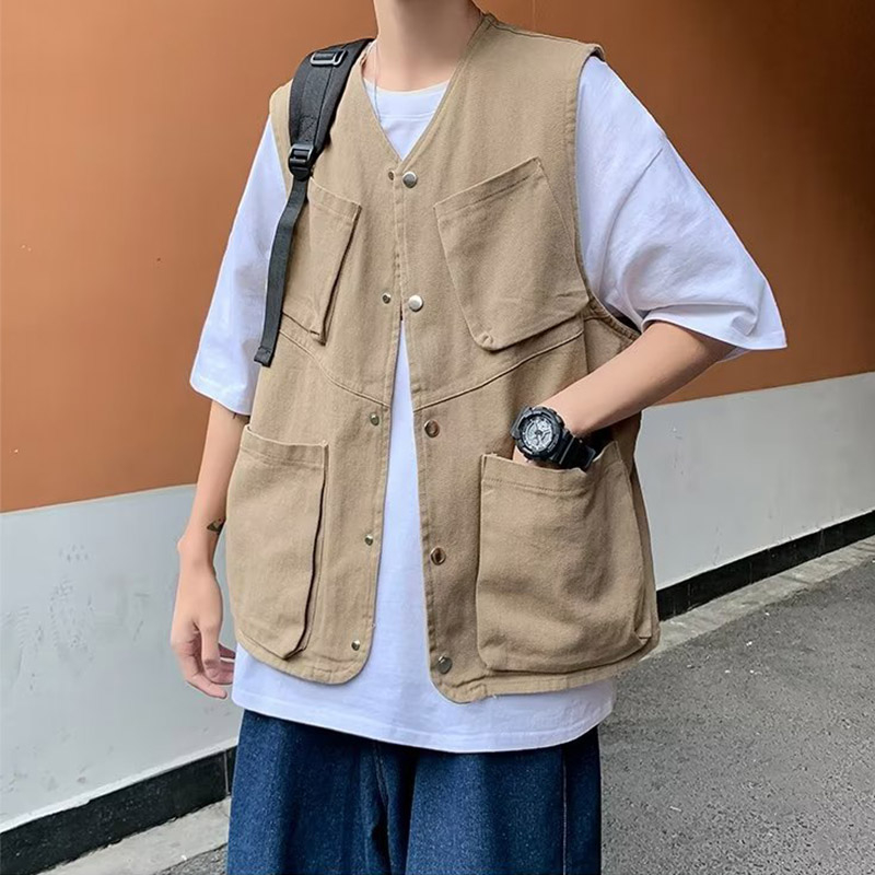 Intelscore เสื้อกั๊กผู้ชายสไตล์ญี่ปุ่น กระเป๋าใหญ่ คอวี เสื้อกั๊กทรงหลวมลำลอง เสื้อโค้ทผู้ชายทันสมัย M-2XL