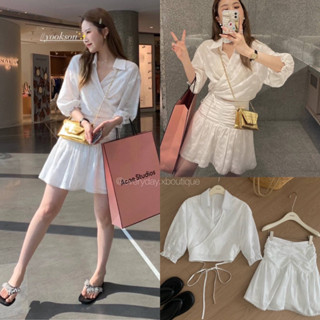 Lace set 2 pcs.🕊️(S,M 690฿ฟรีส่ง) เสื้อคอปก ผ้าฉลุลายดอก ทรงไขว้หน้าผูกเอว ปรับได้ตามตัว มาพร้อมกระโปรงซับในกางเกง wg.we