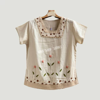เสื้อผ้าฝ้าย งานถักงานปักแฮนด์เมด สาลูชั้นเดียวเนื้อนุ่มมือ แขนสั้น ทรงเอ สวมใส่สบาย ใส่เที่ยว ใส่อยู่บ้าน เข้าครัวสบายๆ