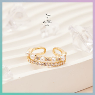 [petite by PRAKYRE] Mermaid Diamond Line Ring - แหวนสาวนหวานมินิมอลแต่งมุก และเพชรเส้น อารมณ์เจ้าหญิง  สีทอง ปรับไซส์ได้