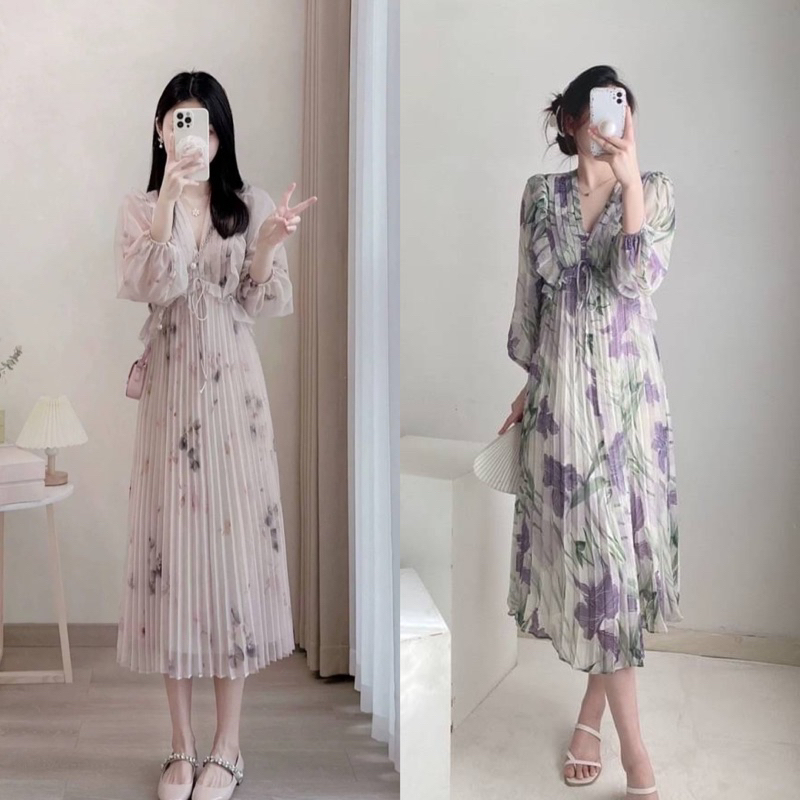 เดรสยาวชีฟองโทนครีมดอกม่วงจับจีบรอบป้ายYPY มี 2 สี