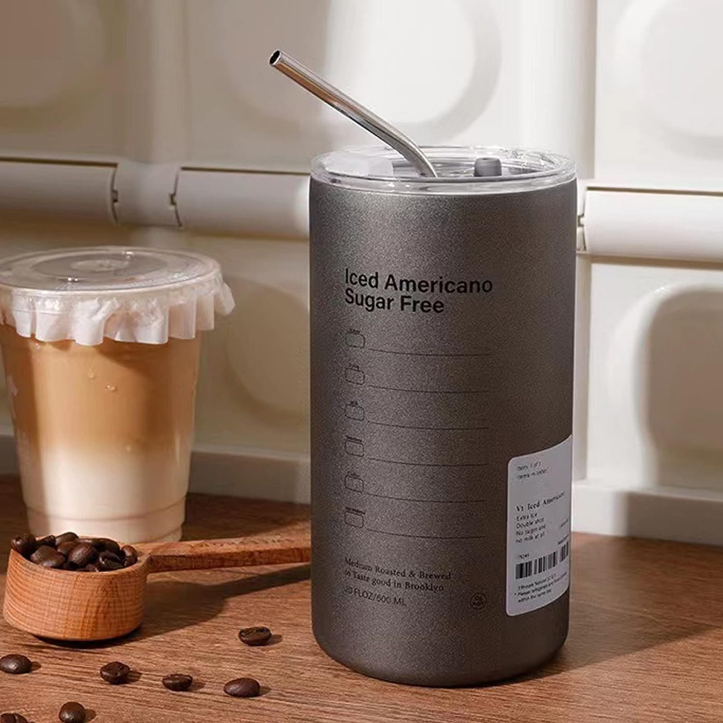 E26 แก้วเก็บความเย็น 600ml เก็บความร้อน สแตนเลส 304 แก้วกาแฟ กระติกเก็บความเย็น coffee cup stainless แถมหลอดสแตนเลส gray