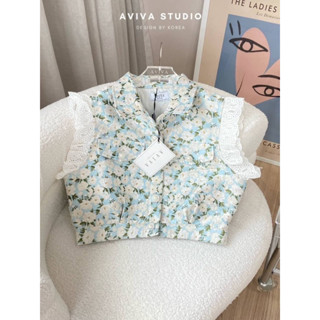 Aviva studio 🩵💮 เสื้อดอกละมุน **ทรงใหม่ แขนกุดแต่งระบายลูกไม้