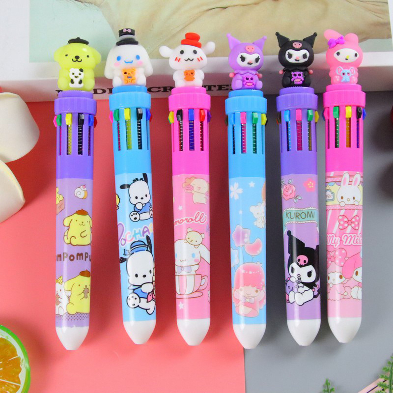 ปากกาลูกลื่น10สี หลากสี กดได้ ลายการ์ตูนน่ารัก พร้อมส่ง