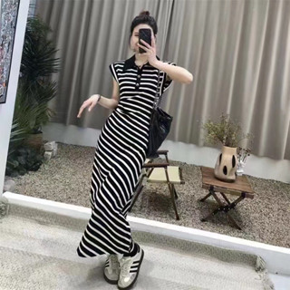 🌈🌿🌺🌼🌸🧡🤎🇰🇷Cotton Stripe Polo Sleeveless Maxi Dress