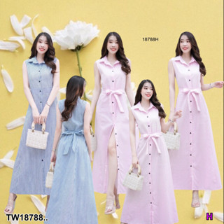 TwinsShopVip💗พร้อมส่ง TW18788 เดรสปกเชิ้ตแขนกุด ลายริ้วเล็กติดกระดุมสีดำ ..