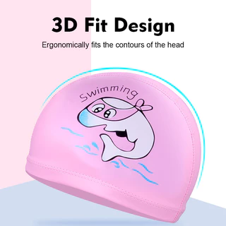 หมวกว่ายน้ำเด็ก🏊‍♀️🏊‍♀️ หมวกว่ายน้ำผ้าPUความยืดหยุ่นดี ออกแบบสวย ลายน่ารัก ใส่สบาย