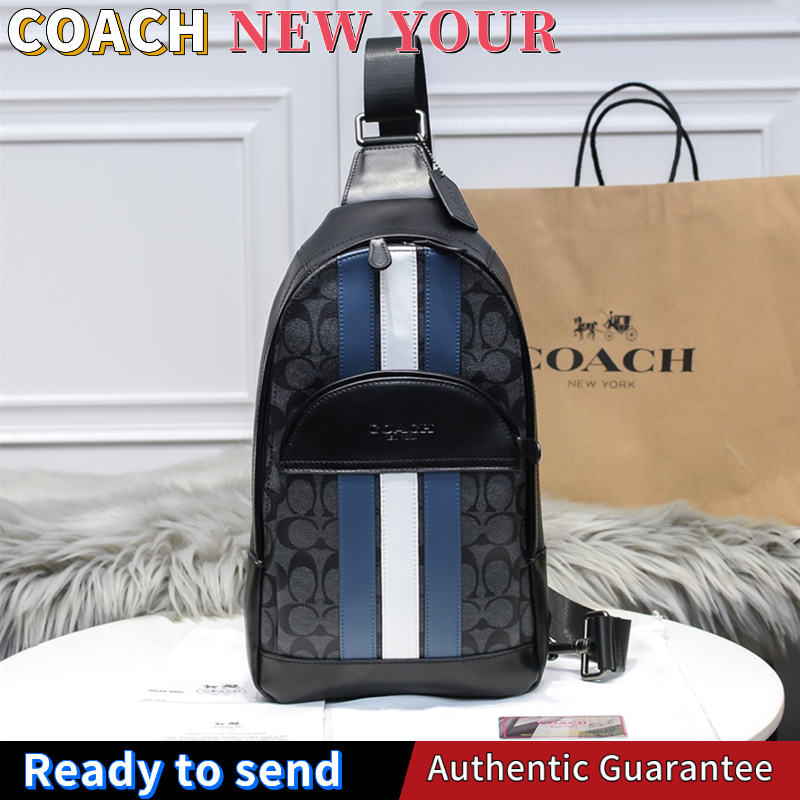พร้อมส่ง🌟แท้ 💯%Coach ใหม่แฟชั่นกระเป๋าสะพายข้างลายทางสีน้ำเงินและสีขาว Messenger Chest Bag F67249