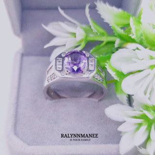 A6445 แหวนชายพลอยอเมทิสต์แท้ ( Amethyst ) ตัวเรือนเงินแท้ 925 ชุบทองคำขาว แหวนไซส์ 65 แก้ไซส์ฟรี