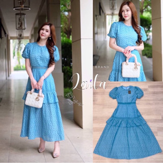 Maxidress ลูกไม้ปักฉลุสีฟ้า Tag::Laila