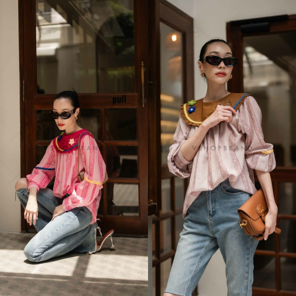 พร้อมส่ง เสื้อเบลาส์ทรงโอเวอร์ไซส์ปกใหญ่ + เข็มกลัดดอกไม้ งานป้ายvshop