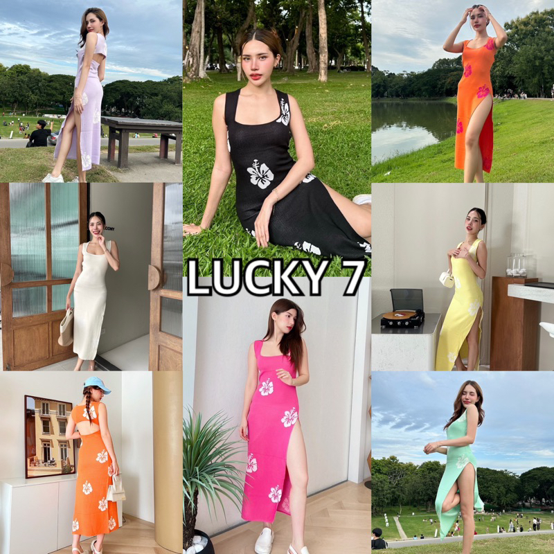 BY IRA(2781) Hawaiian knit dress เดรสไหมพรม ลายดอกชะบา ดีเทลแหวกข้างแบบสับๆ เว้าหลัง สุดเซ็กซี่