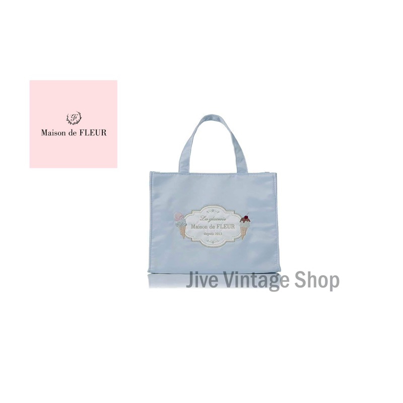 กระเป๋า Maison de FLEUR mini bag Ice cream collection ใบเล็กทรงถือ ผ้าซาตินสีฟ้าพาสเทลปักลายหวานๆ มื