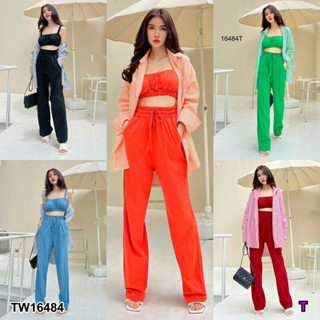 TwinsShopVip💗พร้อมส่ง TW16484 Set 3 ชิ้น เสื้อเชิ้ตแขนยาว + เสื้อบรา + กางเกงขายาว