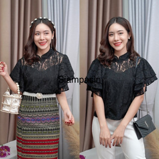 SOF เสื้อลูกไม้ ซิปหลัง ผ้านำเข้าใส่นุ่มสบาย อก S M L XL XXL สีดำ แขนระบายค้างคาว 2 ชั้น รุ่นแขนพวง Blouse