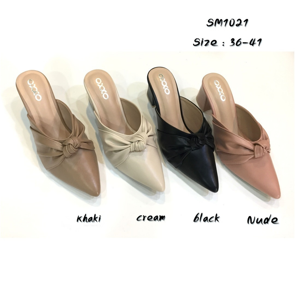 prettycomfort รองเท้าแฟชั่น หน้าเรียว หุ้มหัว เปิดหลัง หัวแหลม สูง2.5นิ้ว หนังพียูนิ่ม ใส่สบายSM1021