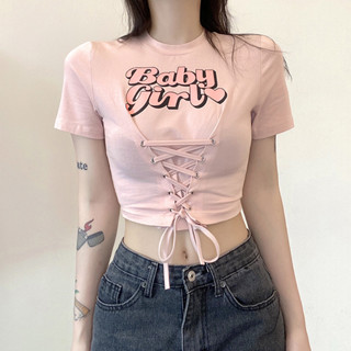 🌷B-182🌷เสื้อครอปแฟชั่น สกรีน Baby Girl ดีเลทมีคอร์เซ็ทรัดเอวโชว์หุ่นสวยสับ🌷