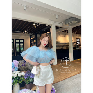 Code : M8 Natacha เสื้อผ้าผู้หญิง ชุดเซ็ต เสื้ออัดพลีทสีฟ้า+กางเกงขาสั้นสีขาว สำหรับผู้หญิง ไซส์ S-L