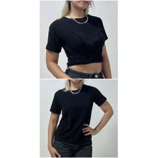 ส่งต่อ (used) เสื้อยืดแขนสั้นสีดำ ผ้าคอตตอนเนื้อนิ่ม
