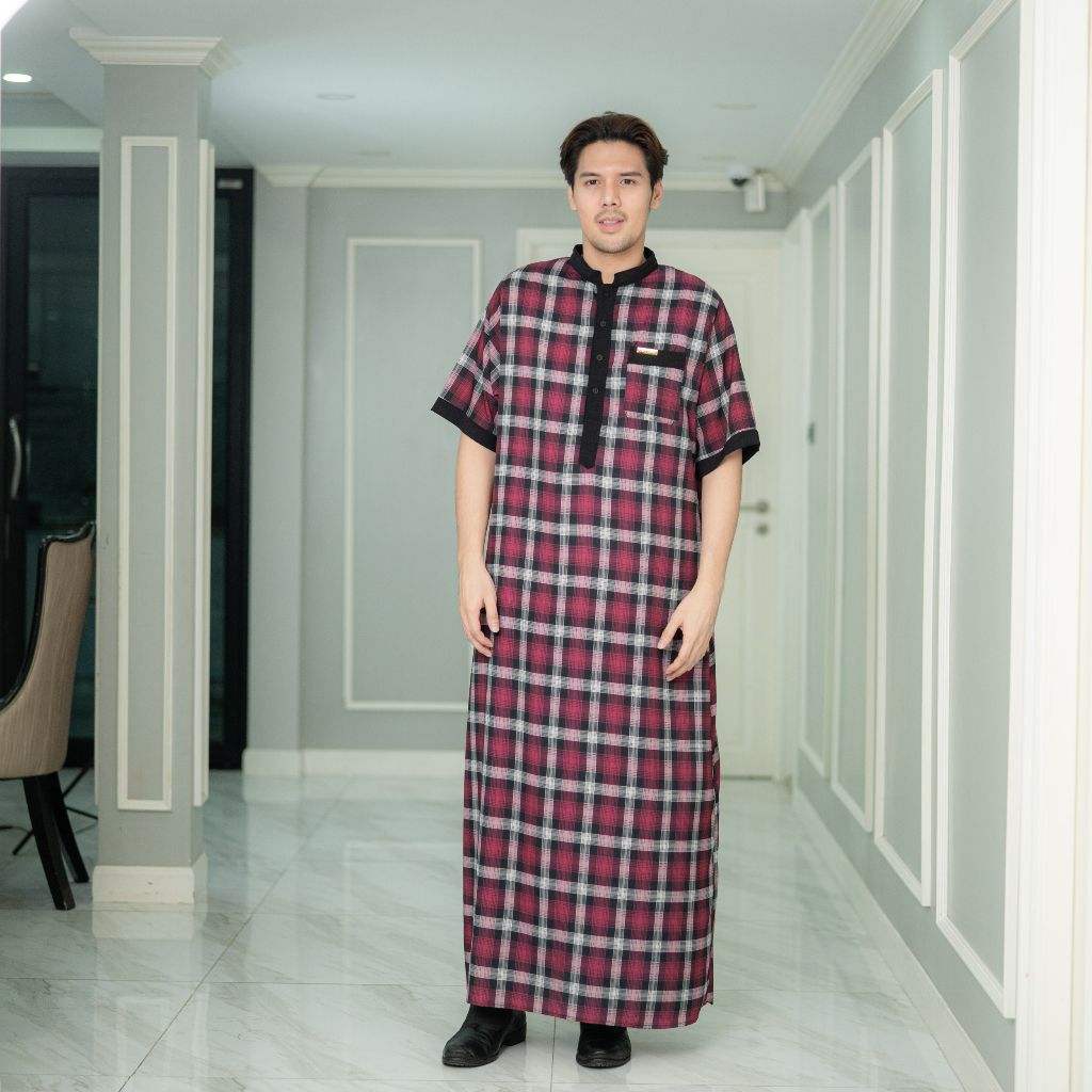 โต๊ปลายสก็อตแขนสั้น แถบดำ ยอดนิยม คอจีน ผ้ายับยากใส่สบาย ตัดชายไม่เสียทรง AE28วาริสมุสลิม