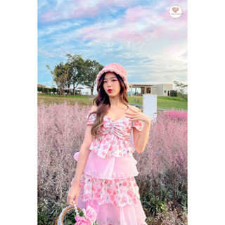 Tulips on Pink Dress เดรสพิมพ์ลายดอกไม้เเต่งระบาย 5 ชั้นผ้าซีฟองบอกเลยว่าน่ารักสุดๆ