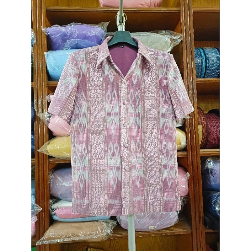 เสื้อซาฟารีสูทผ้าฝ้ายหมี่ขิดทอมือ ผู้ชาย อัดกาวซับในอย่างดี ไซส์ S M L XL XXL